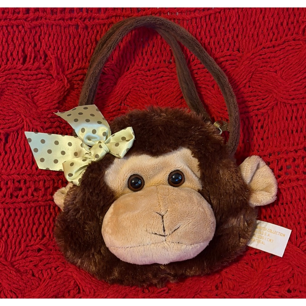Bearington Collection Plush Monkey Purse Brown Faux Fur Green Polka Dot Bow Bag